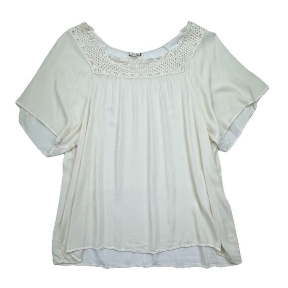 Eyeshadow Ivory Blouse Crochet Lace Women's Size 2X Top Semi Sheer Short Sleeve - Picture 1 of 7